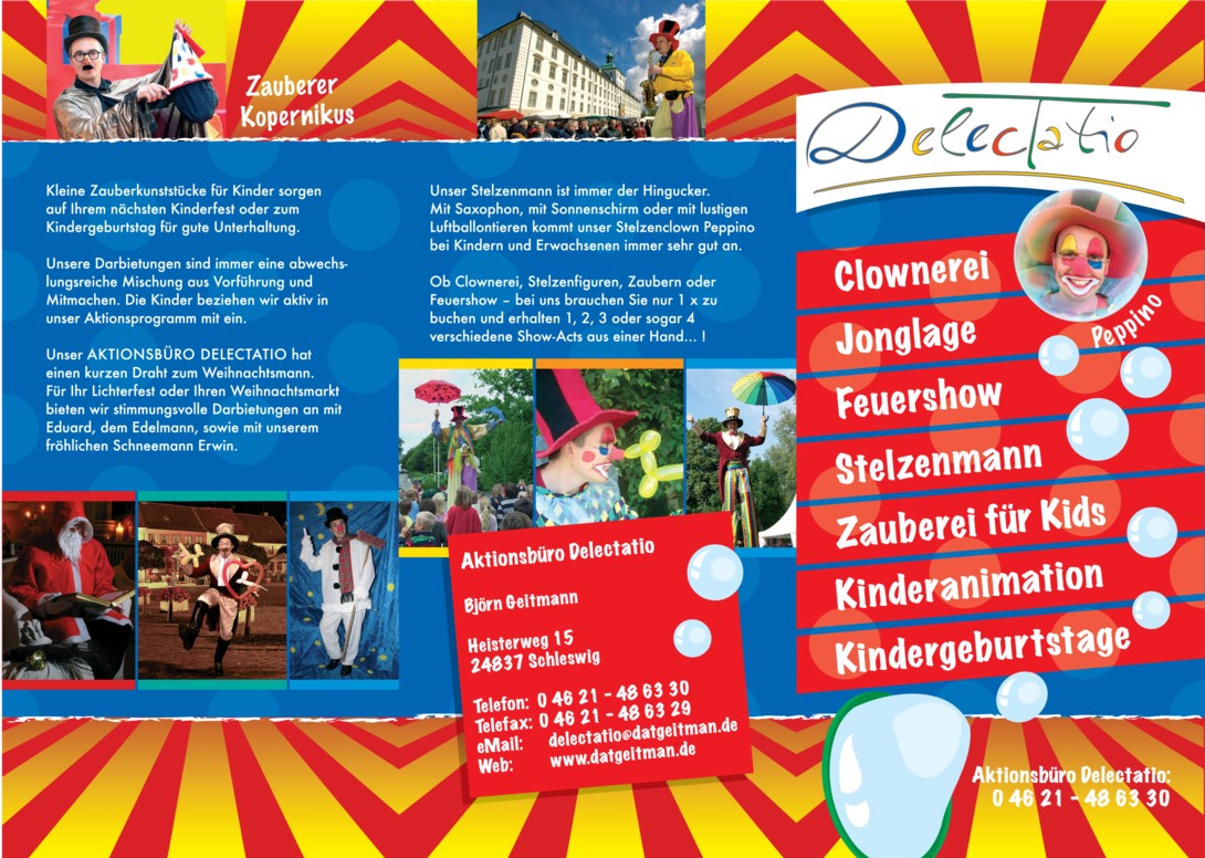 Flyer innen Aktionsbüro Delectatio Stelzenmann Stelzenläufer Stelzenfiguren Kinderfeste Aktionen und Projekte